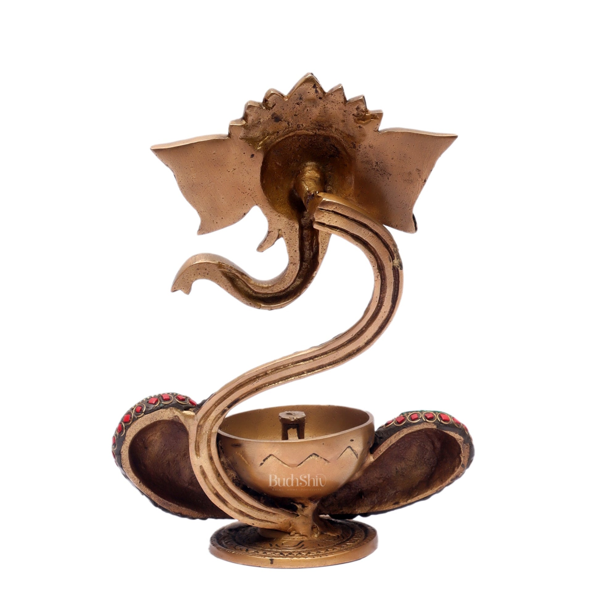 Brass Abstract Ganesha Diya with Engraved Design and Stonework - BudhShiv - Budhshiv.com