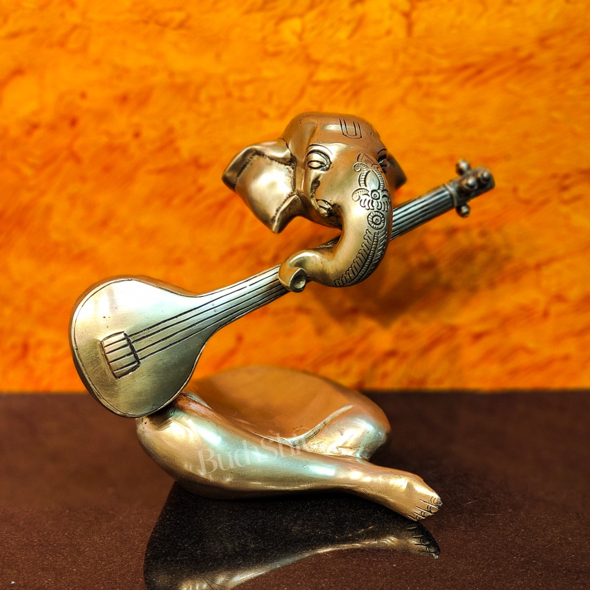Brass Abstract Veena Ganesha Idol - 10 Inches | Handmade Brass Ganesha Statue - Budhshiv.com