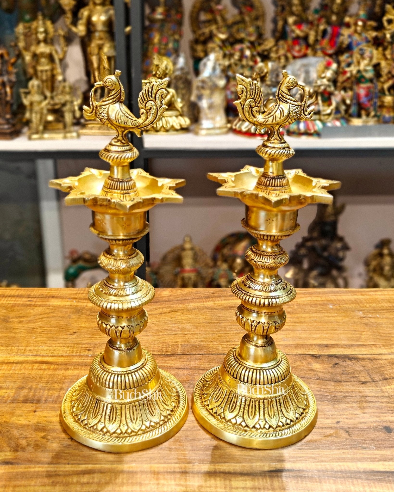 Brass Annam pakshi Peacock vilakku oil lamp diya 15.5 inch - Budhshiv.com