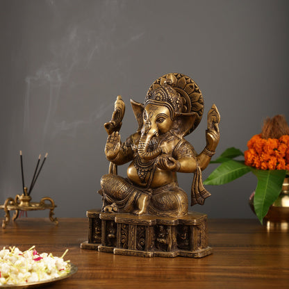 Brass Antique Finish Lord Ganesha Statue | 12-inch - Budhshiv.com