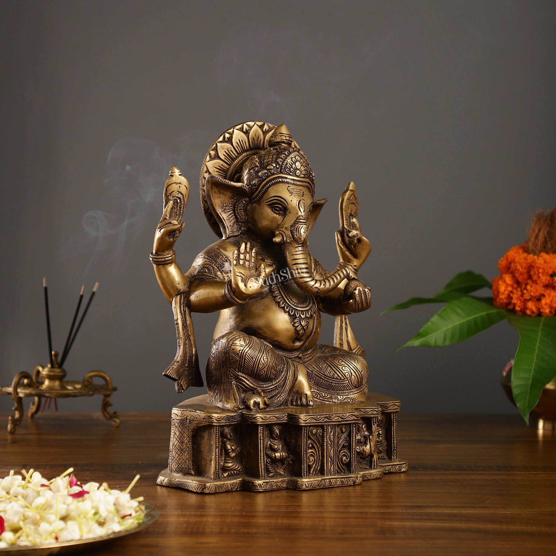 Brass Antique Finish Lord Ganesha Statue | 12-inch - Budhshiv.com