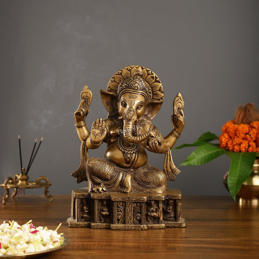 Brass Antique Finish Lord Ganesha Statue | 12-inch - Budhshiv.com