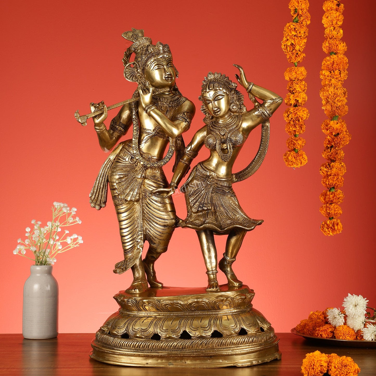 Brass Antique Golden Finish Radha Krishna Dancing Statue 23 inch - Budhshiv.com