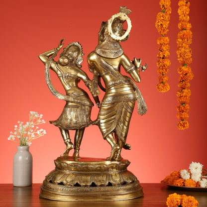 Brass Antique Golden Finish Radha Krishna Dancing Statue 23 inch - Budhshiv.com