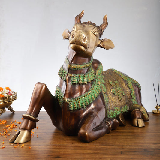 Brass Antique Large Nandi Sculpture Brown and Green 33 inch - Budhshiv.com