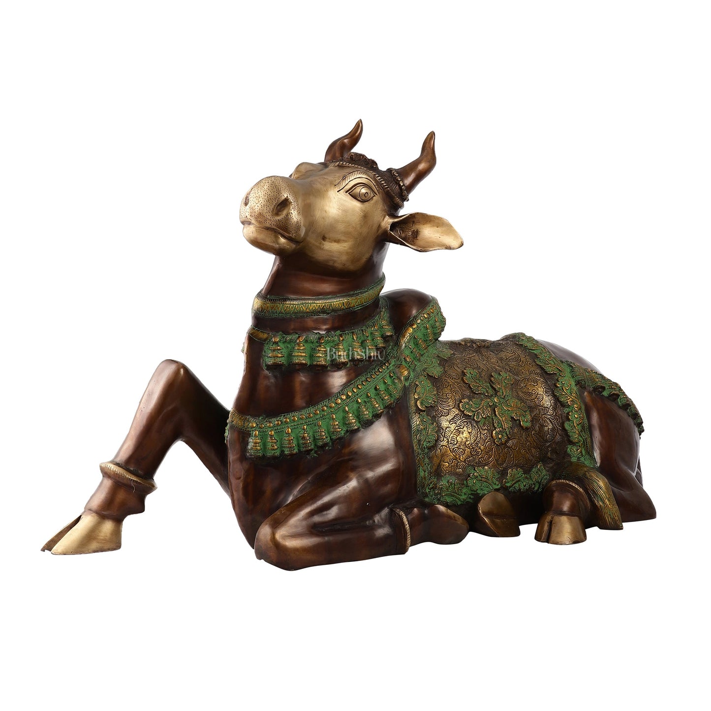 Brass Antique Large Nandi Sculpture Brown and Green 33 inch - Budhshiv.com