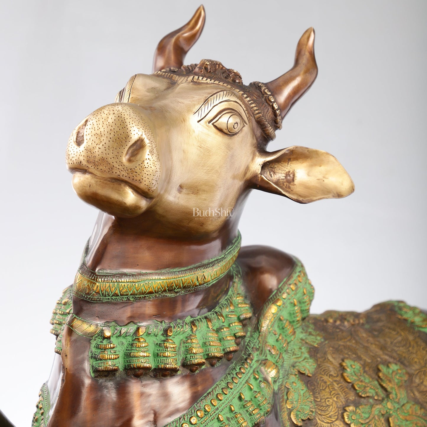 Brass Antique Large Nandi Sculpture Brown and Green 33 inch - Budhshiv.com