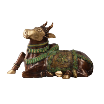 Brass Antique Large Nandi Sculpture Brown and Green 33 inch - Budhshiv.com