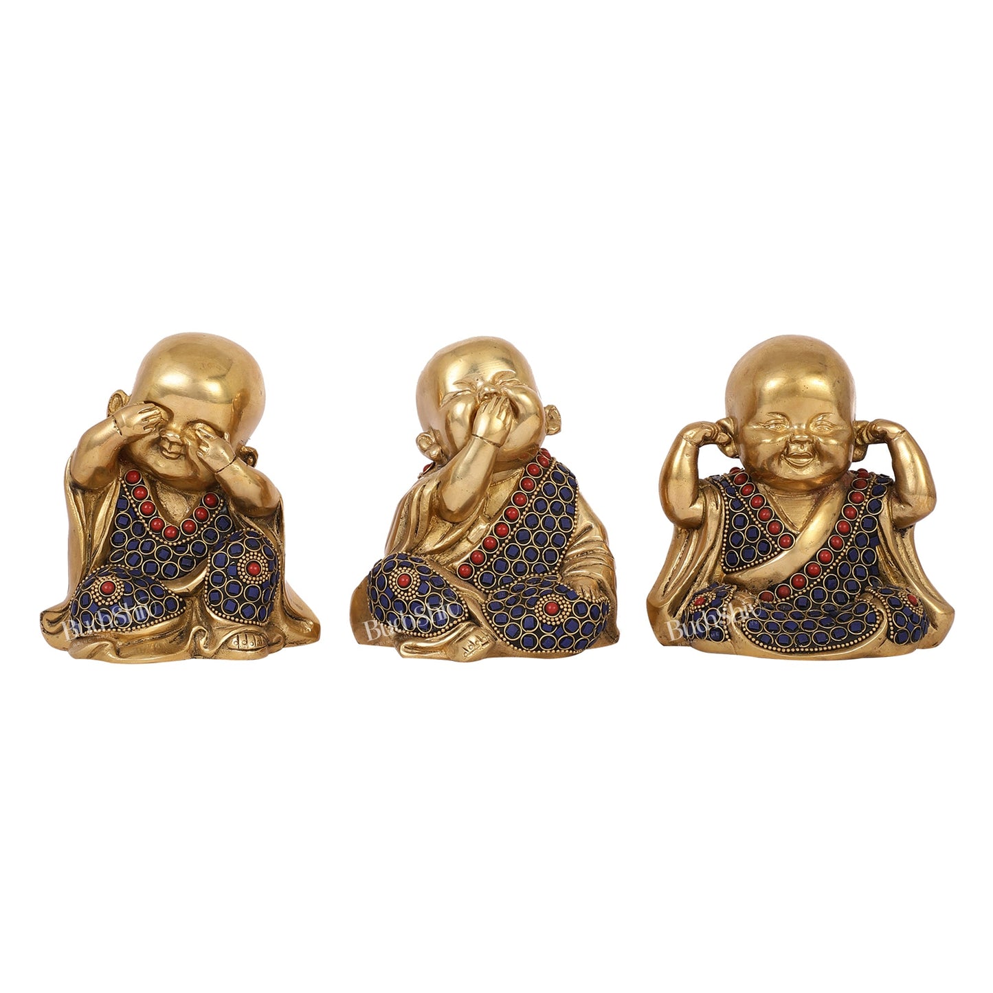Brass Baby Laughing Buddha Monks 5 inch set of 3 - Budhshiv.com