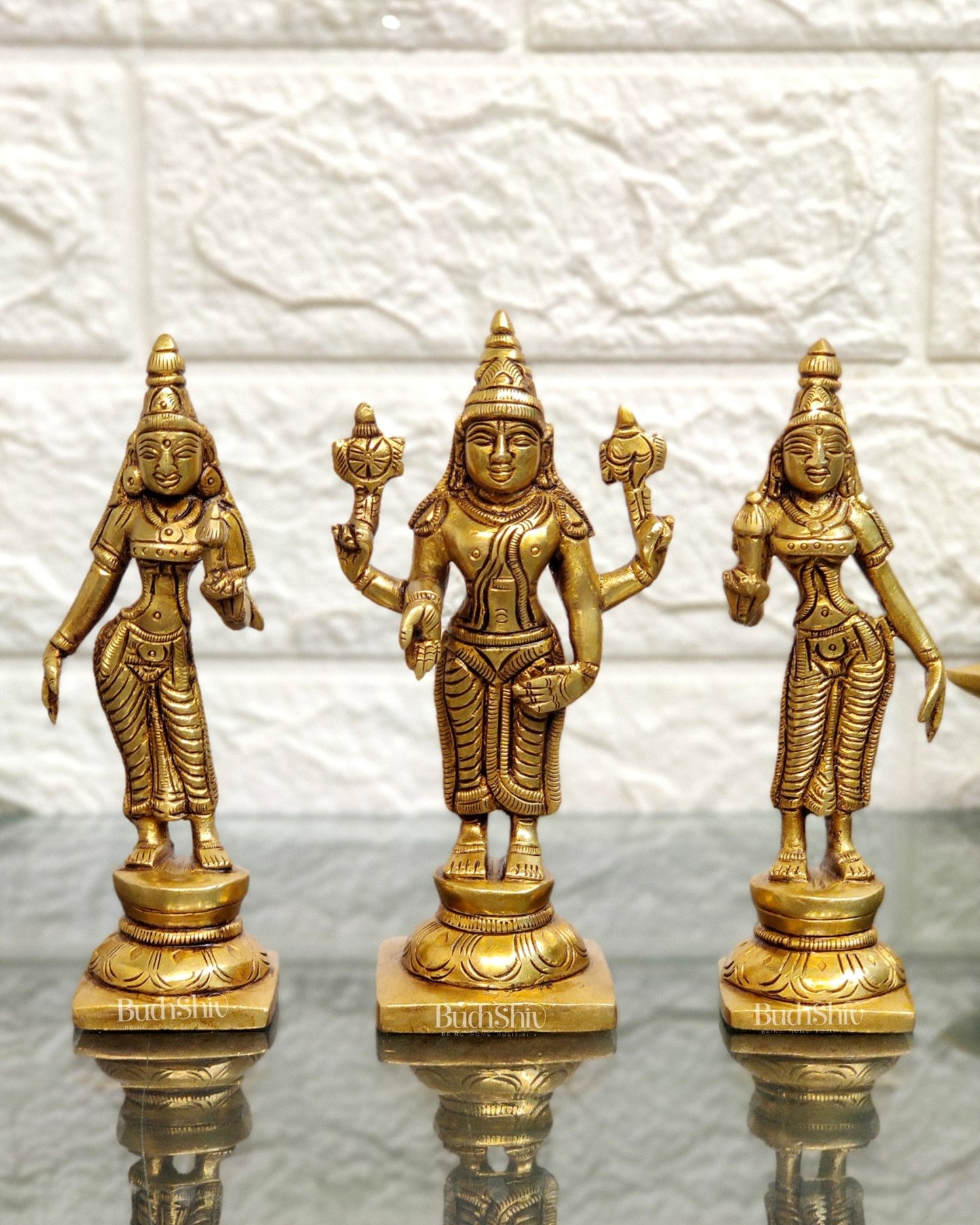 Brass Balaji with Bhudevi and Sridevi 5" - Budhshiv.com