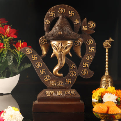 Brass Big Ganesha face on Om table accent Brown and golden 13" - Budhshiv.com