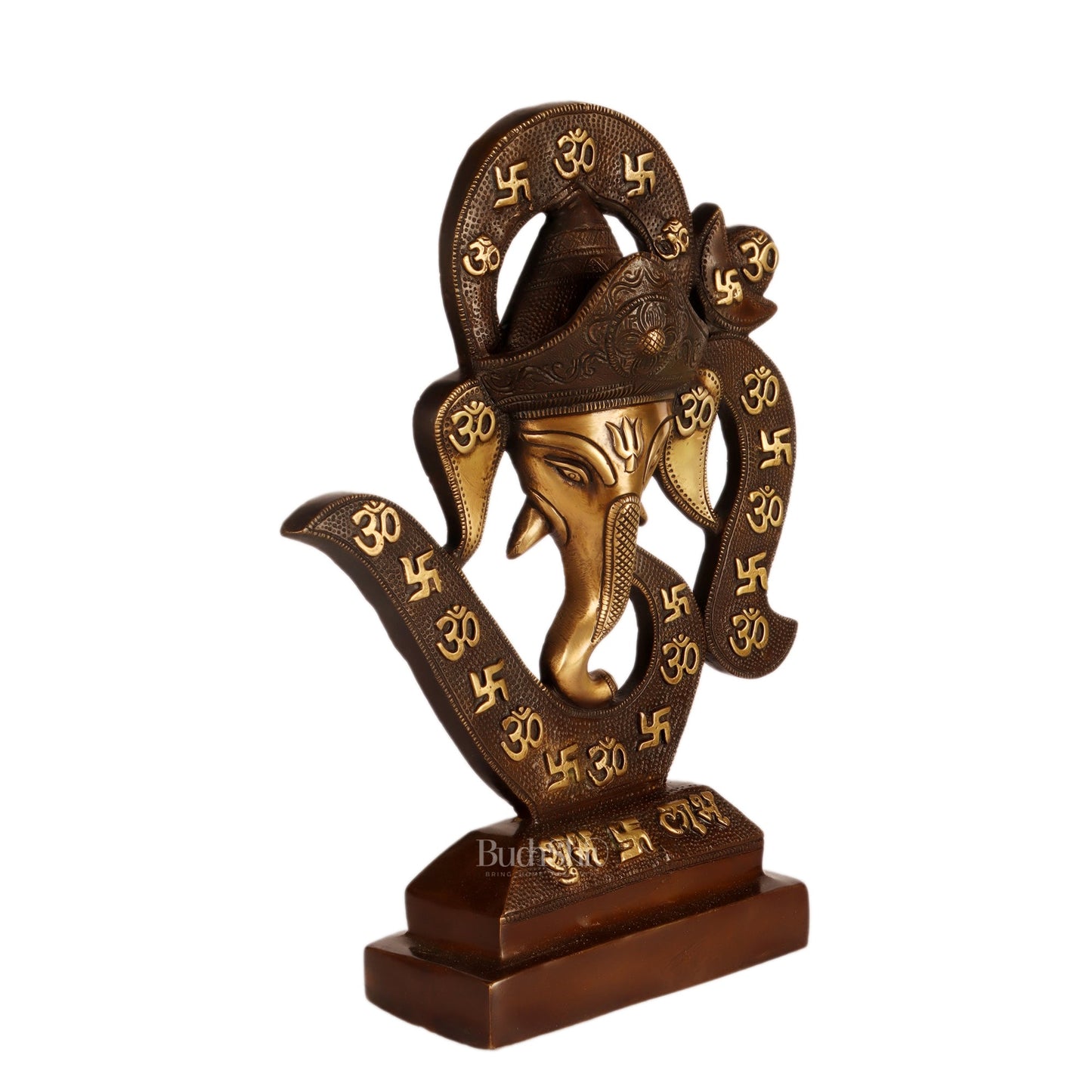 Brass Big Ganesha face on Om table accent Brown and golden 13" - Budhshiv.com