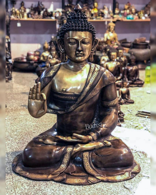 Brass Big-Size Buddha Statue with Abhaya Mudra | 36" Tall - Budhshiv.com