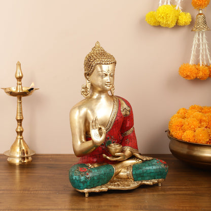 Brass Blessing Buddha idol with Stonework 16" - Budhshiv.com
