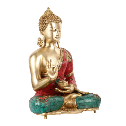 Brass Blessing Buddha idol with Stonework 16" - Budhshiv.com