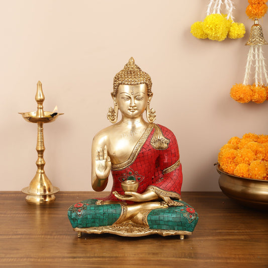 Brass Blessing Buddha idol with Stonework 16" - Budhshiv.com