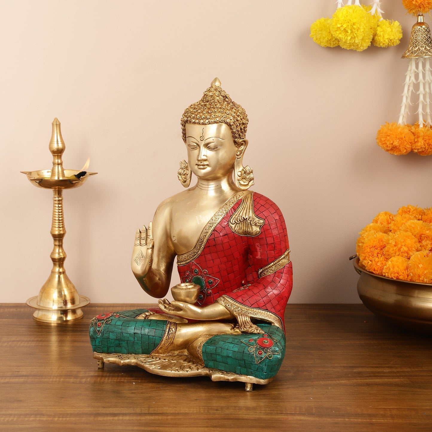 Brass Blessing Buddha idol with Stonework 16" - Budhshiv.com