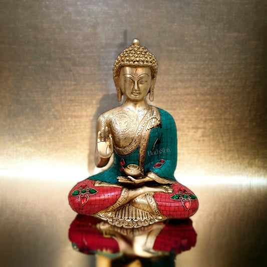 Brass Blessing Buddha Statue with Natural Stones | 12" x 10" x 6" - Budhshiv.com