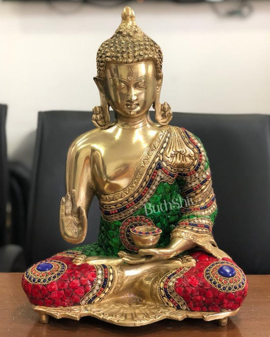 Brass Blessing Buddha with Stonework 16" - Budhshiv.com