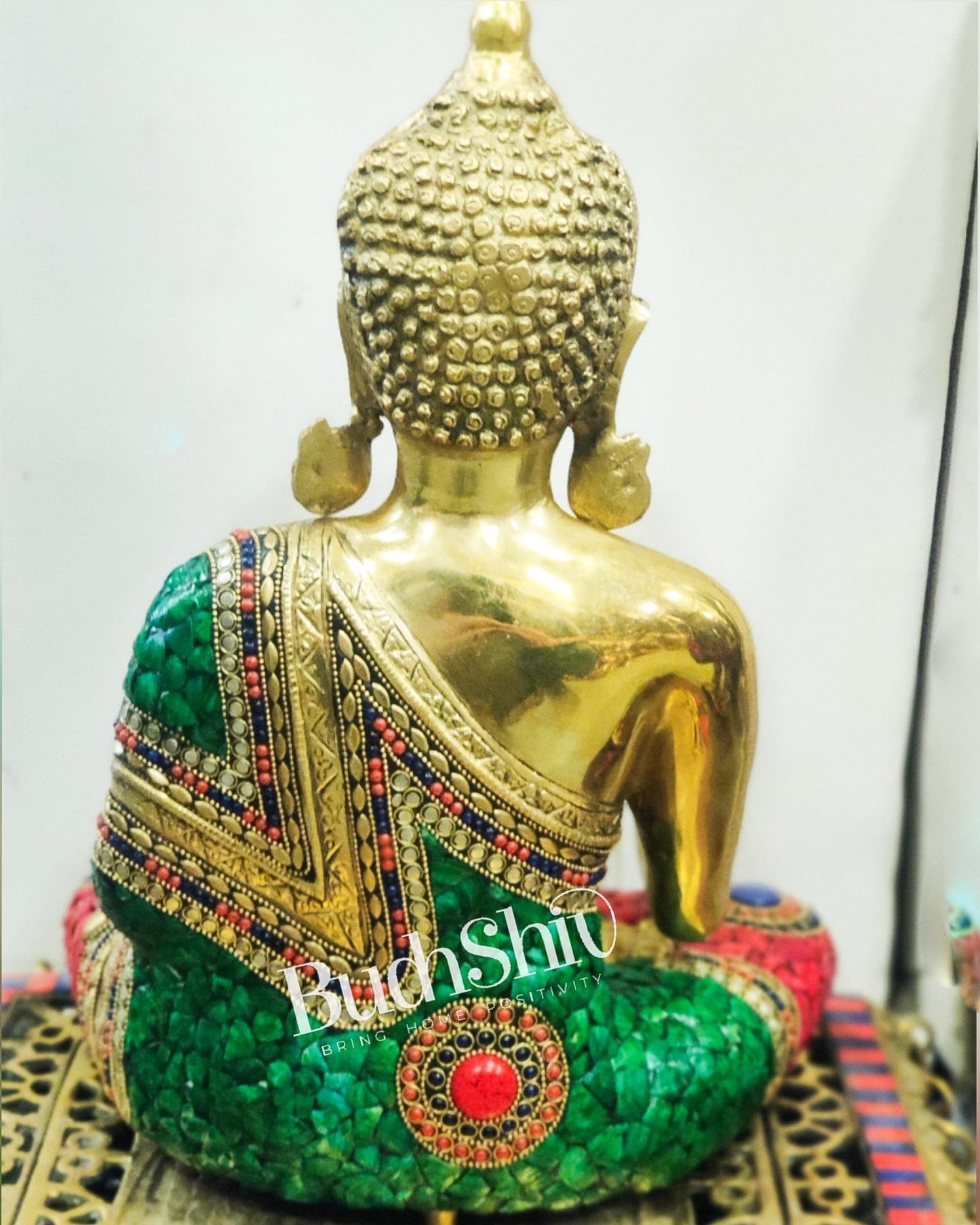 Brass Blessing Buddha with Stonework 16" - Budhshiv.com