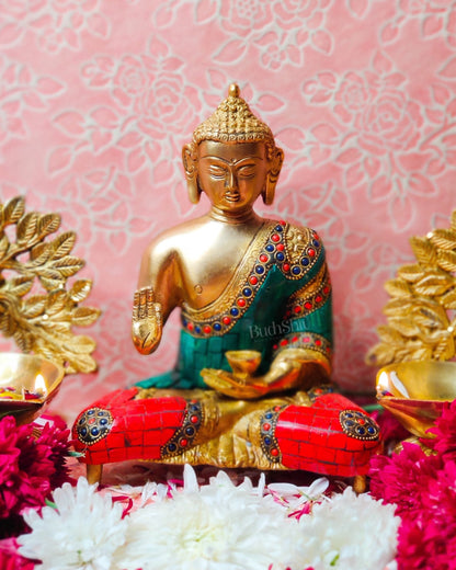 Brass Blessing buddha with stonework 8" - Budhshiv.com