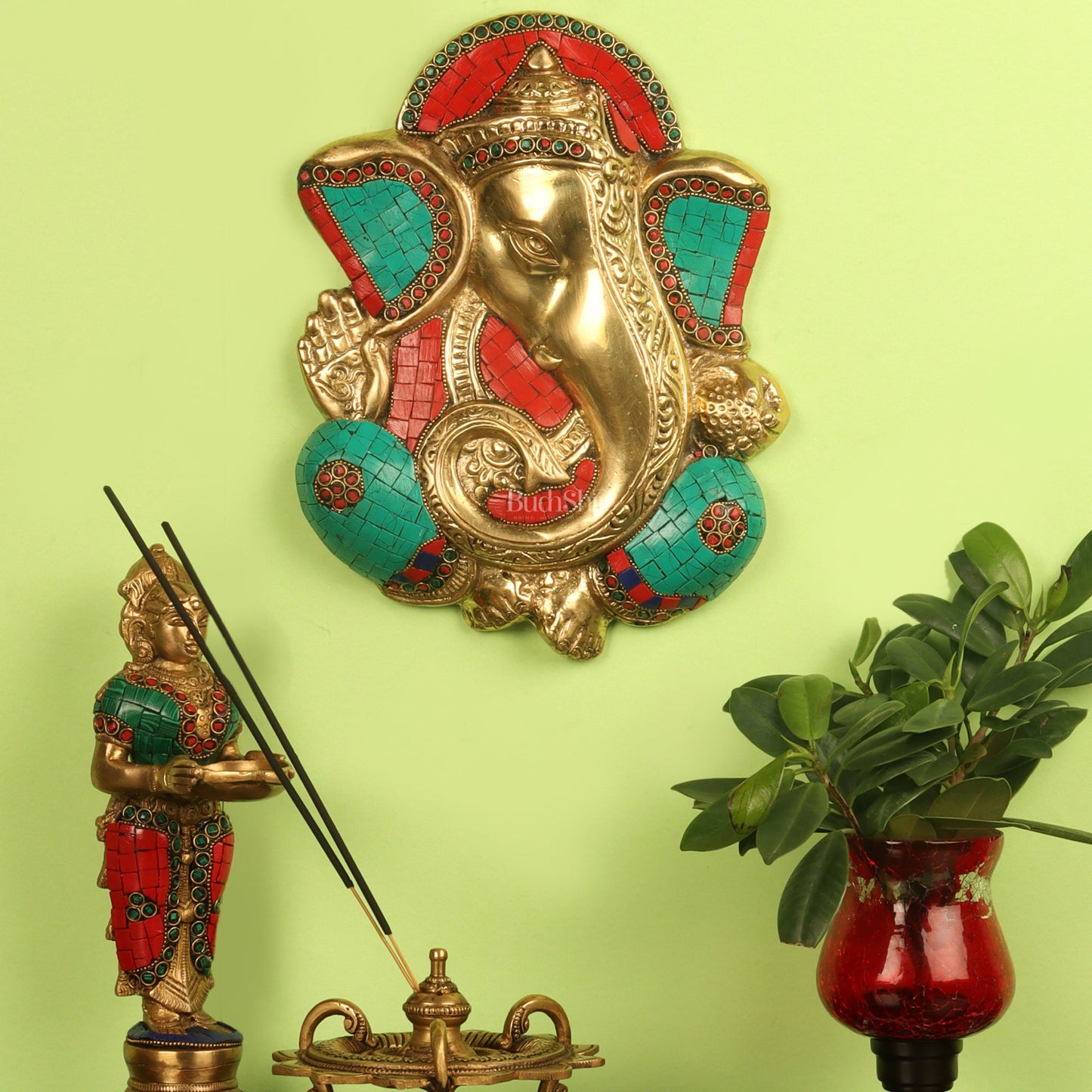 Brass Blessing Ganesha Wall Hanging Stonework 10" - Budhshiv.com