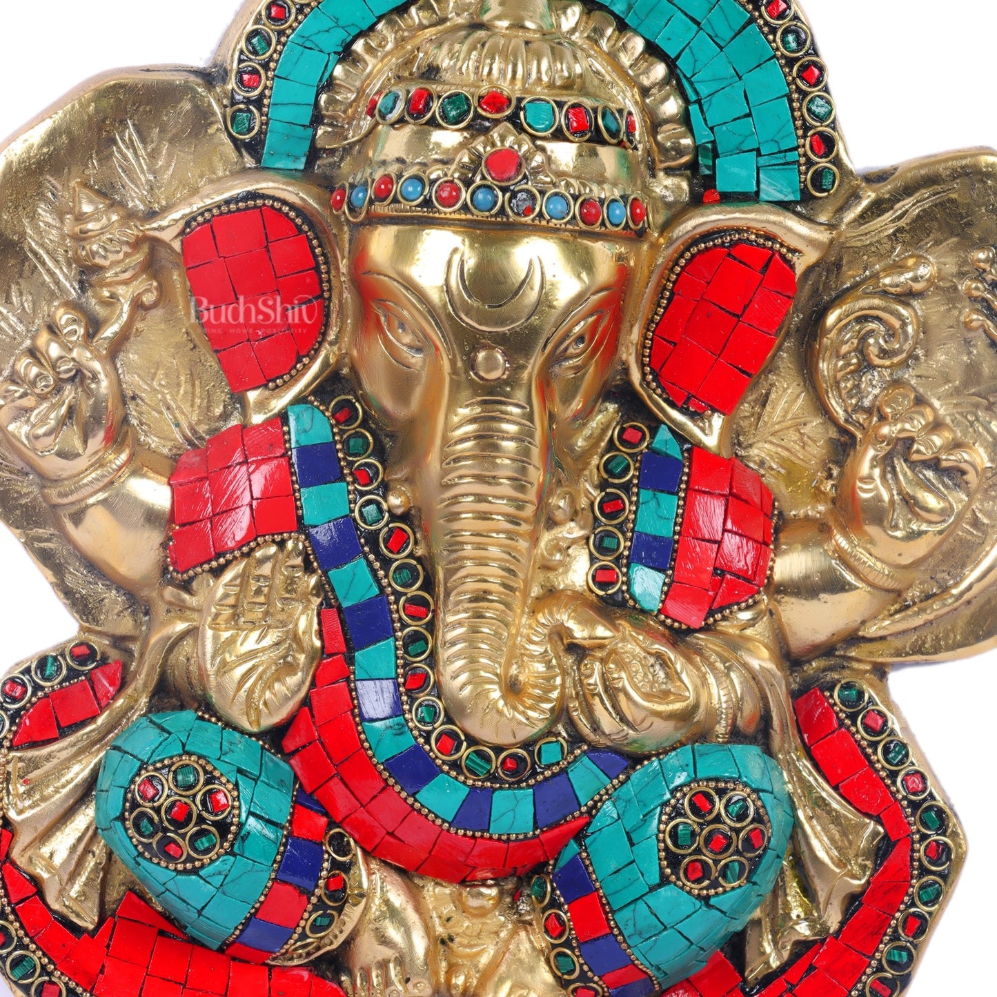 Brass Blessing Ganesha Wall Hanging Stonework 9" - Budhshiv.com