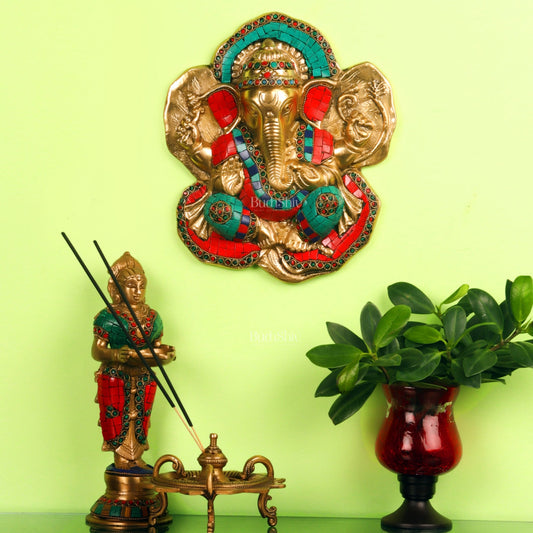 Brass Blessing Ganesha Wall Hanging Stonework 9" - Budhshiv.com