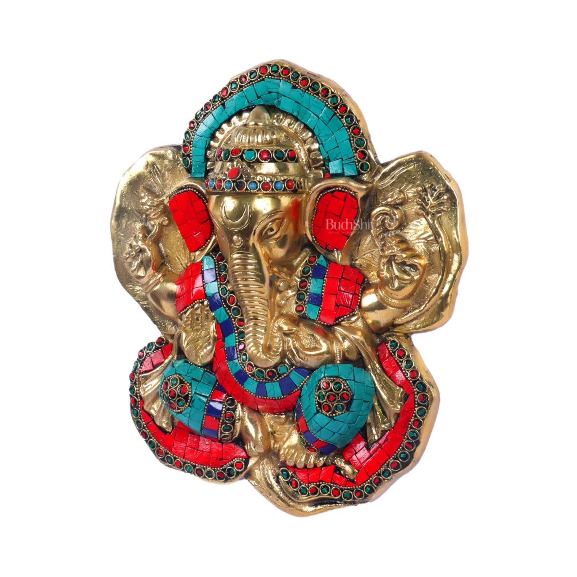 Brass Blessing Ganesha Wall Hanging Stonework 9" - Budhshiv.com