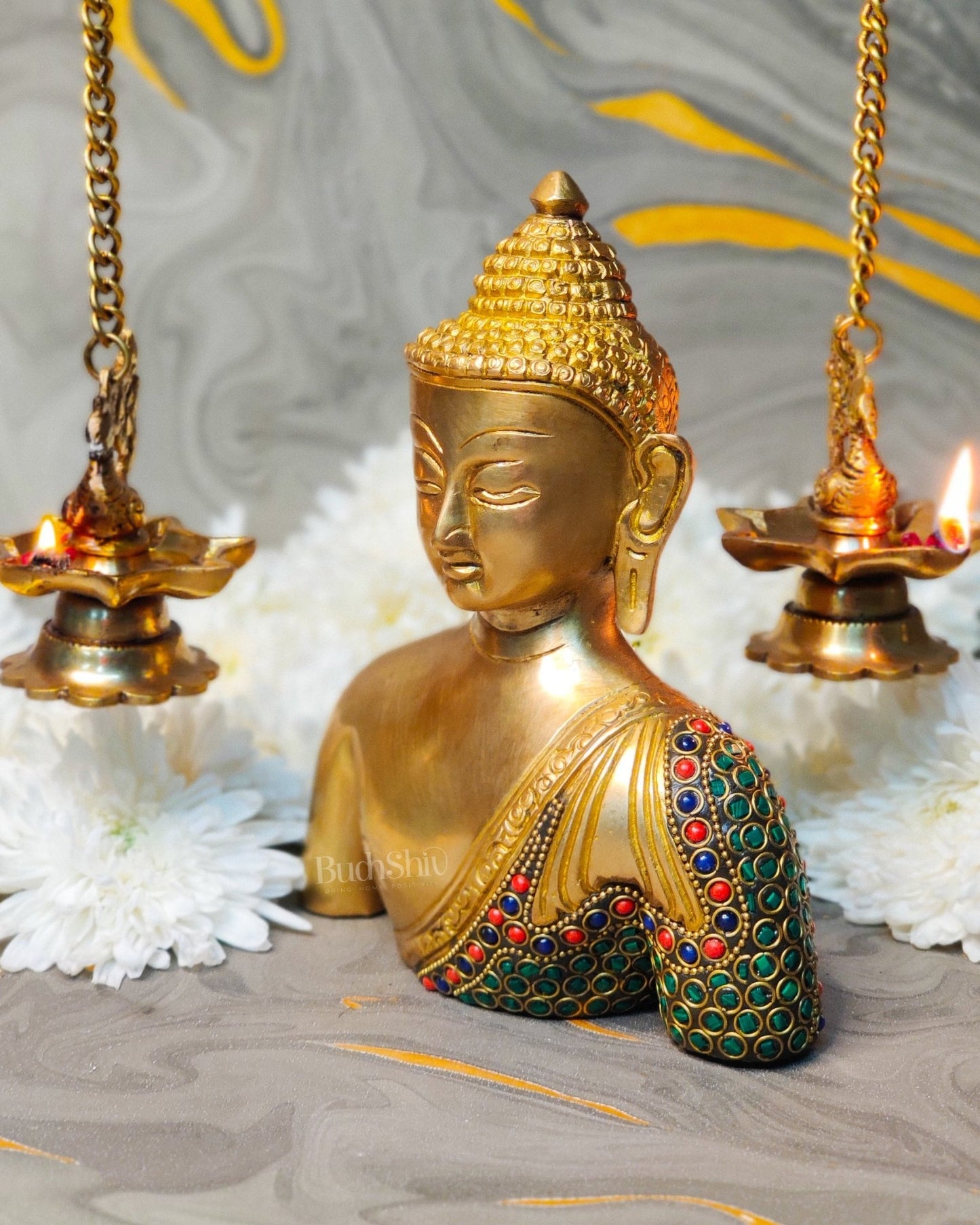 Brass Buddha head buddha Bust with Natural Stones 8 inch - Budhshiv.com