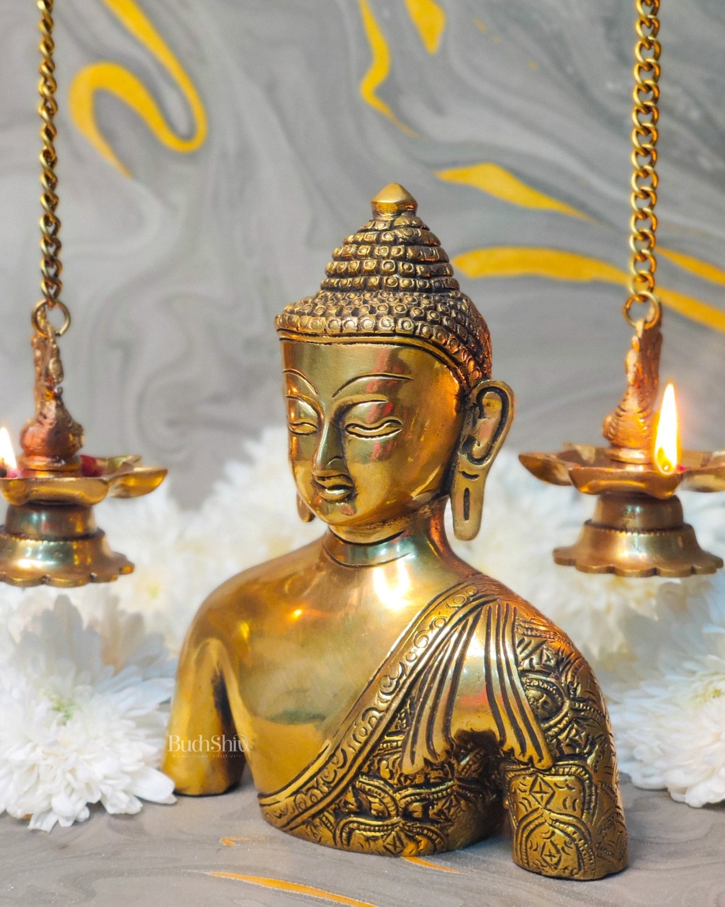 Brass Buddha Head Bust with Engraving - 8 inch - Budhshiv.com