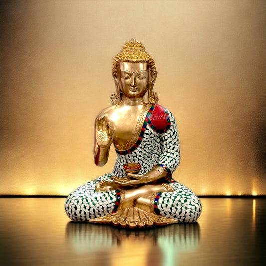 Buddha Brass Statue in Abhaya Mudra with Stonework 20 inches - Budhshiv.com