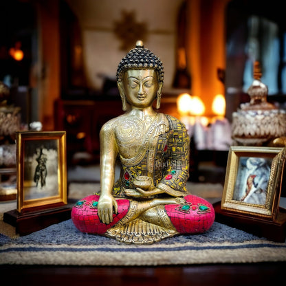 Brass Buddha Idol Meenakari Stonework | 12.5" x 9" x 6" - Budhshiv.com