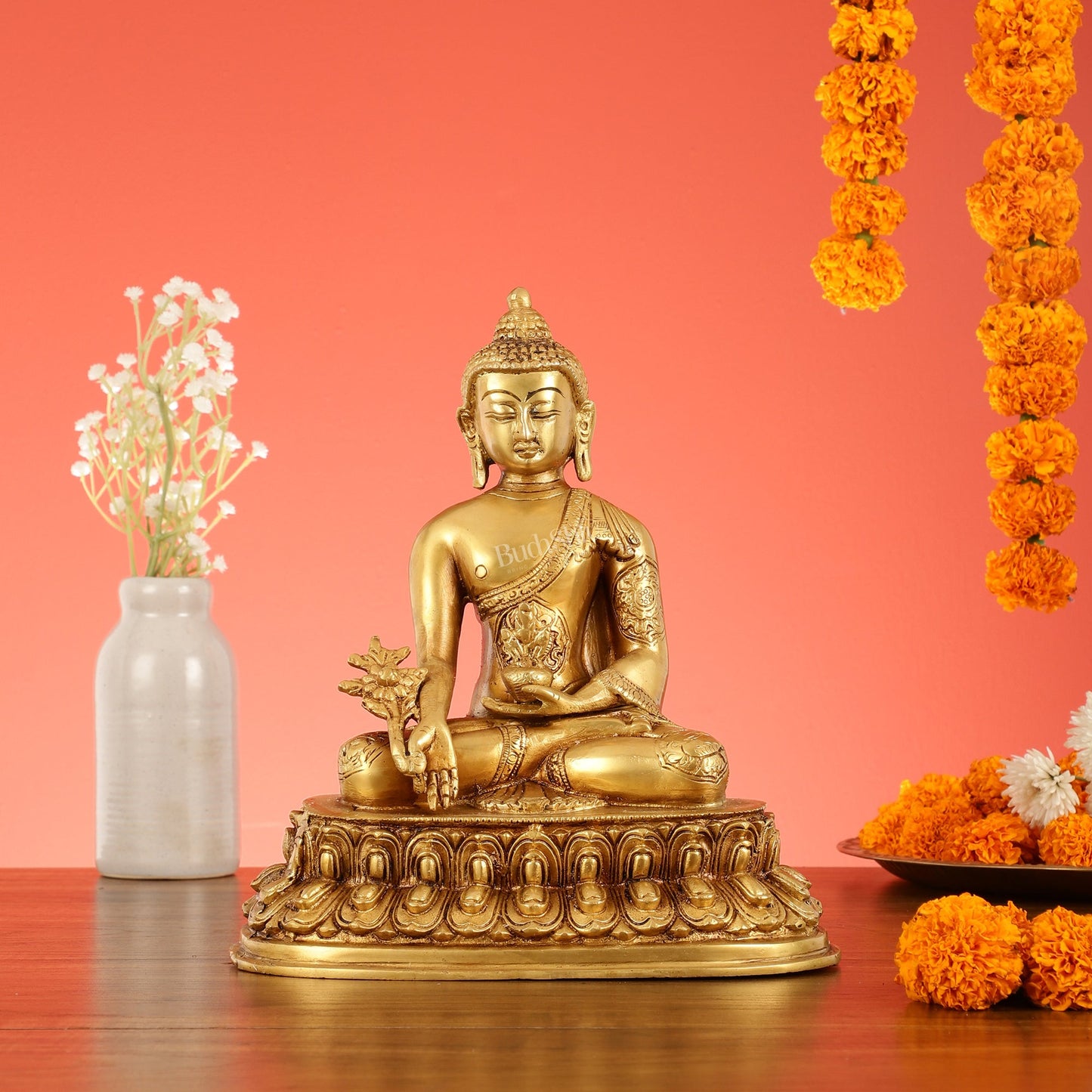 Brass Buddha Idol with Bhoomisparsha Mudra - 10 Inch - Budhshiv.com