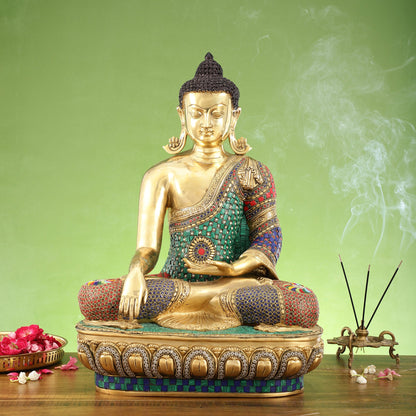 Brass Buddha Statue Bhoomisparsha Mudra | 23" Tall | Handcrafted - Budhshiv.com