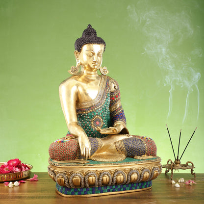 Brass Buddha Statue Bhoomisparsha Mudra | 23" Tall | Handcrafted - Budhshiv.com