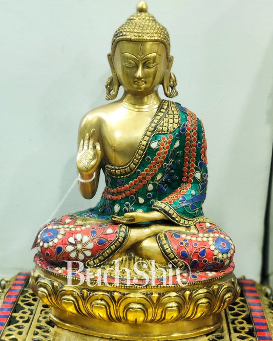 Brass Buddha Statue in Abhaya Mudra | Engraved Base | 15.5" - Budhshiv.com