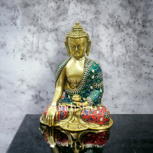 Brass Buddha Statue in Bhoomisparsha Mudra | Natural Stones | 10" - Budhshiv.com
