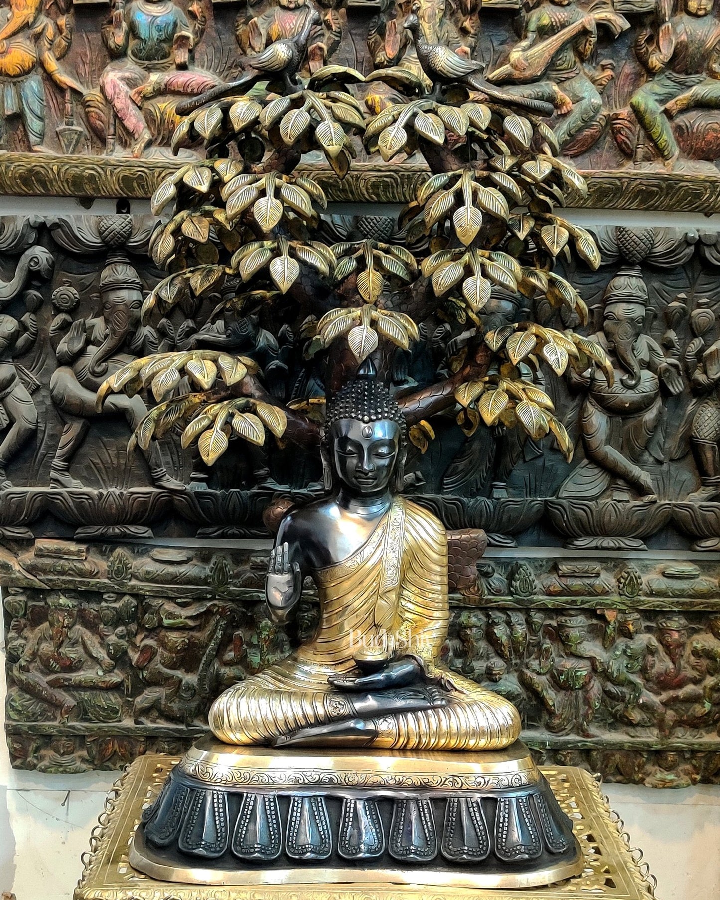 Brass Buddha Statue Under Tree - 32 inch - Budhshiv.com