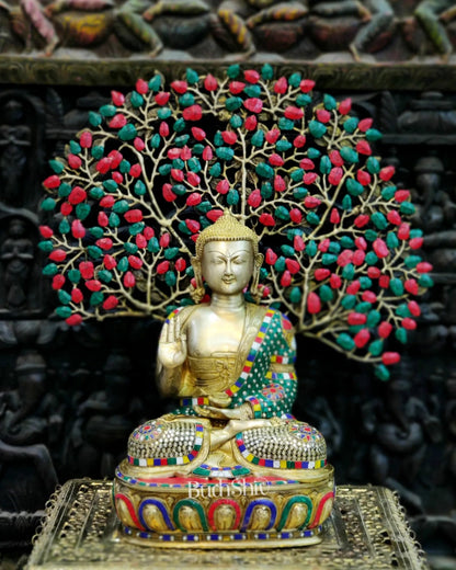 Brass Buddha Statue with Kalpavriksha | Superfine Quality | Blessing Posture | 25.5 inch - Budhshiv.com