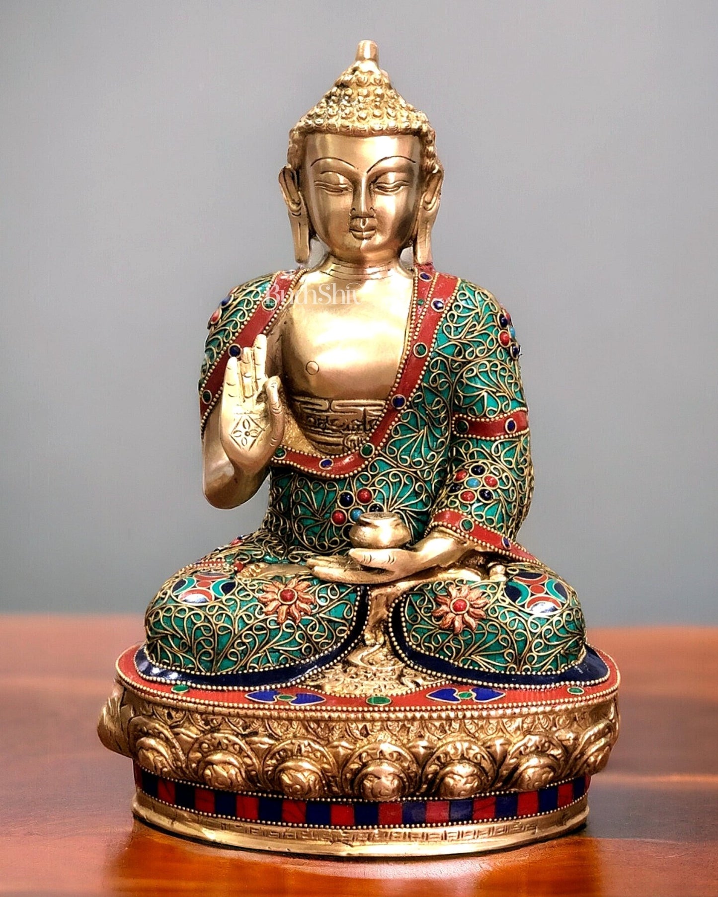 Brass Buddha Statue with Stonework | 12 inch - Budhshiv.com