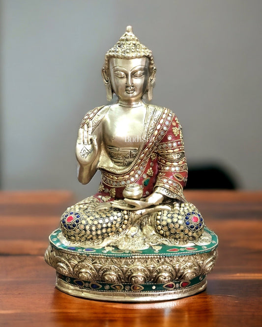 Brass Buddha Statue with Stonework | 12 inch - Budhshiv.com