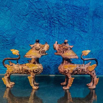 Brass Buddhist Tibetan temple snow lion 9" Pair - Budhshiv.com