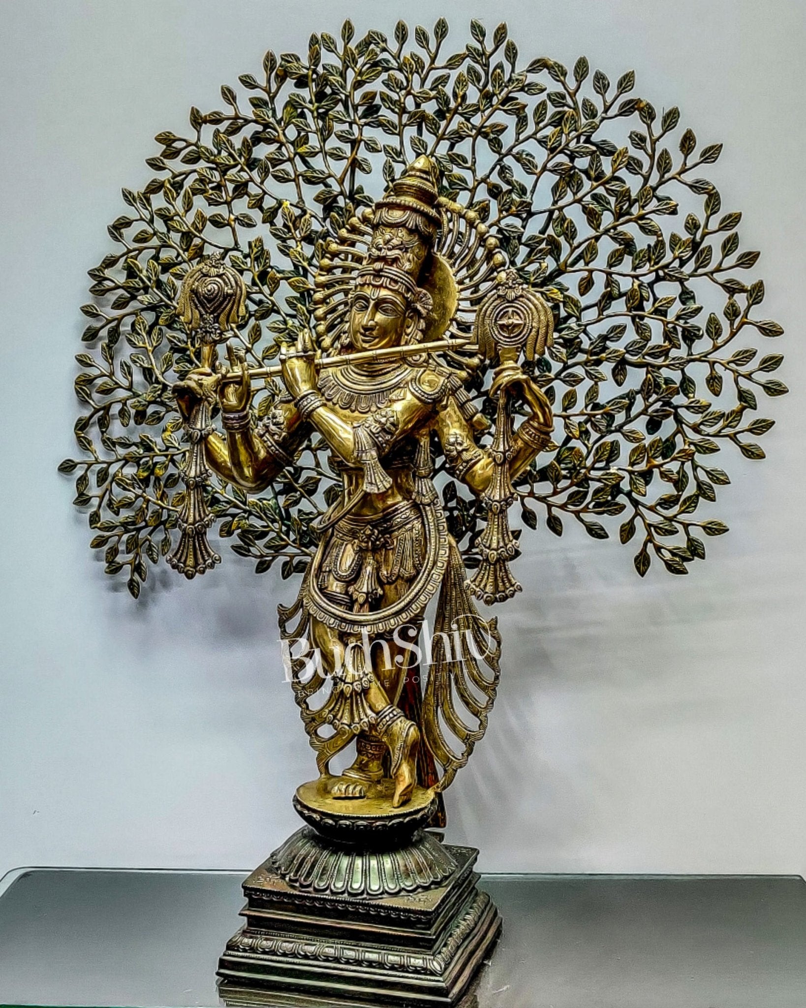 Brass Chaturbhuja Krishna with tree 36" - Budhshiv.com