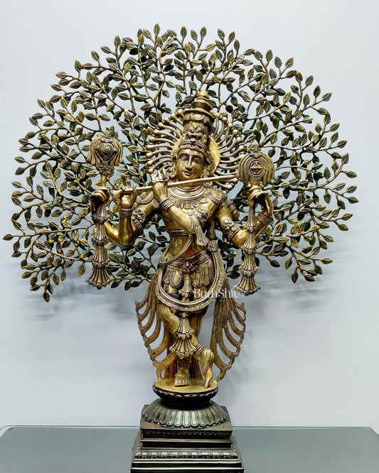 Brass Chaturbhuja Krishna with tree 36" - Budhshiv.com