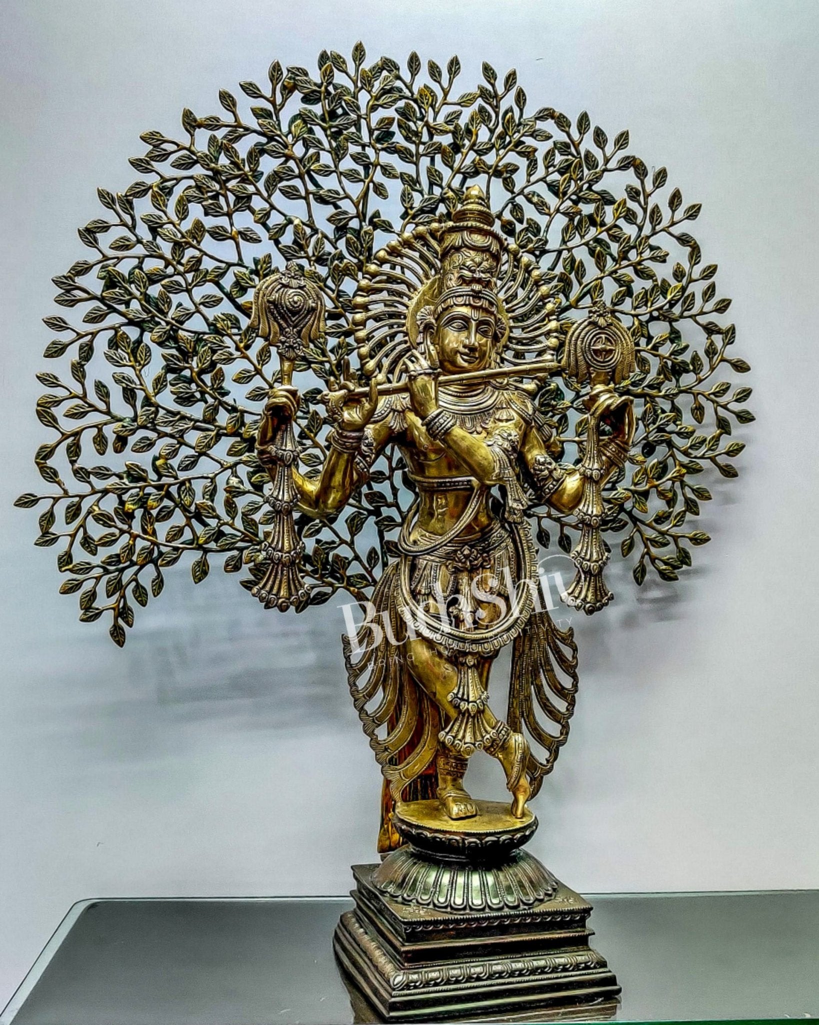 Brass Chaturbhuja Krishna with tree 36" - Budhshiv.com
