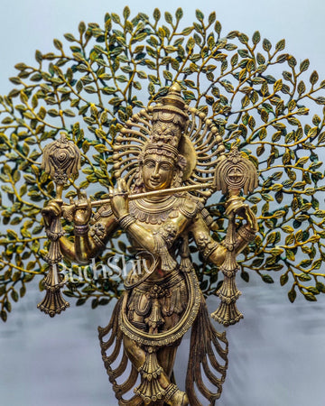 Brass Chaturbhuja Krishna with tree 36" - Budhshiv.com