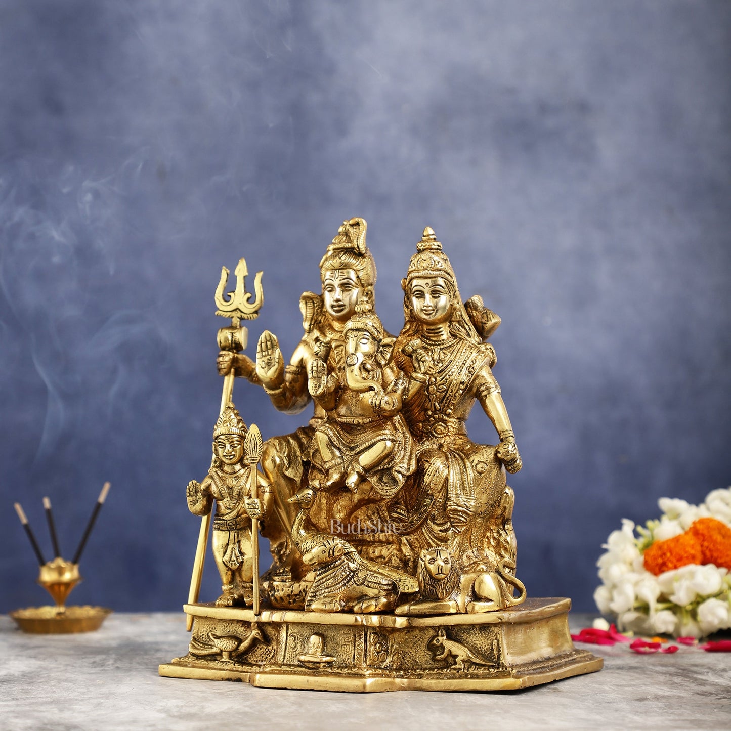 Brass Complete Shiv Parivar Idol - 10x8x6.5 Inch - Budhshiv.com