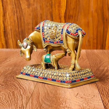 Brass Cow and Calf Kamdhenu Idol | Engraved with Ganesha and Lakshmi 6 inch - Budhshiv.com