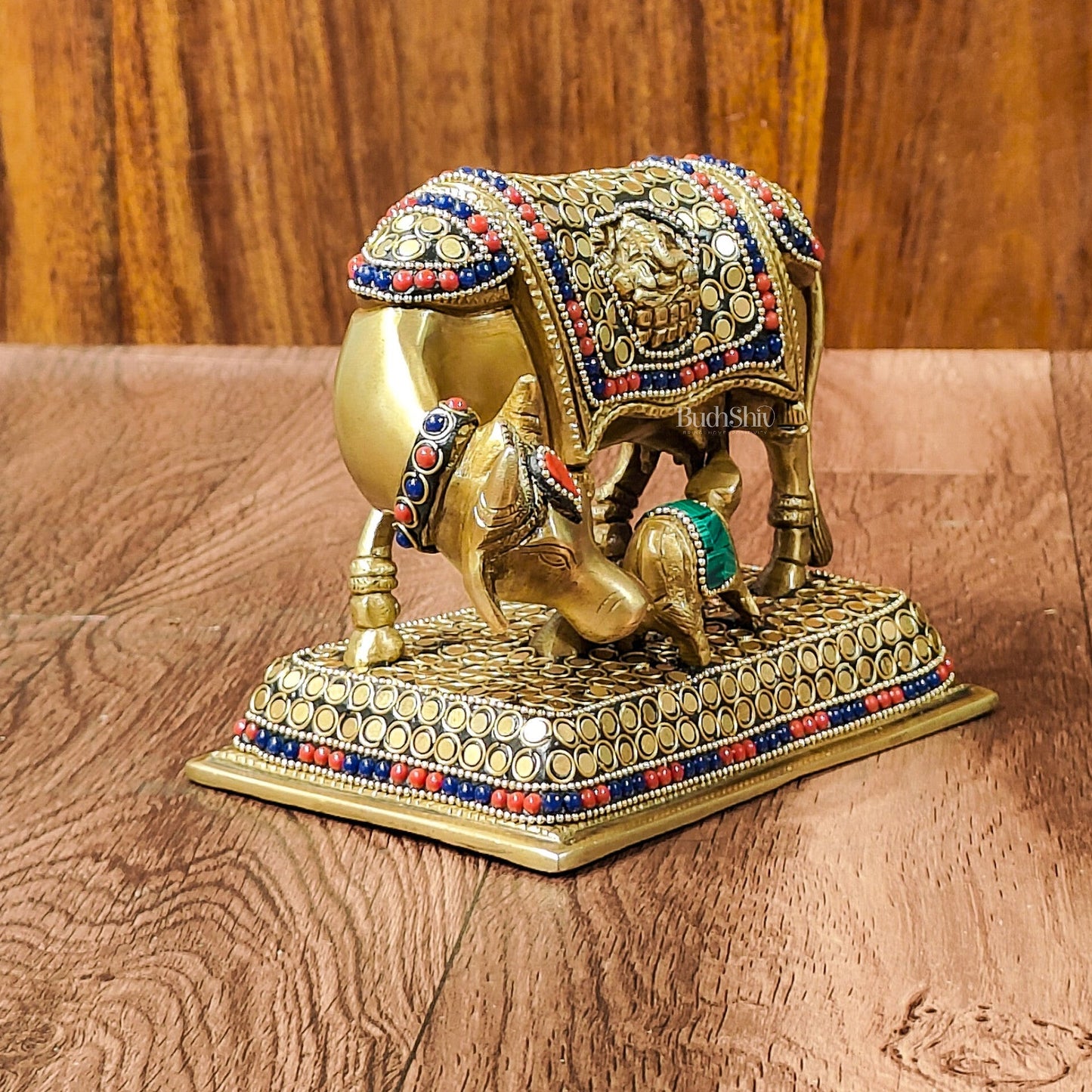 Brass Cow and Calf Kamdhenu Idol | Engraved with Ganesha and Lakshmi 6 inch - Budhshiv.com